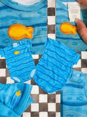 Vintage Carter's Baby Blue Fish Stripe Bodysuit Set